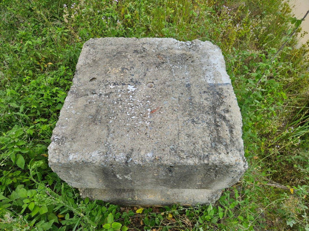 A concrete ground control point (GCP) is shown, partially overgrown with grass and vegetation, sitting on uneven ground.