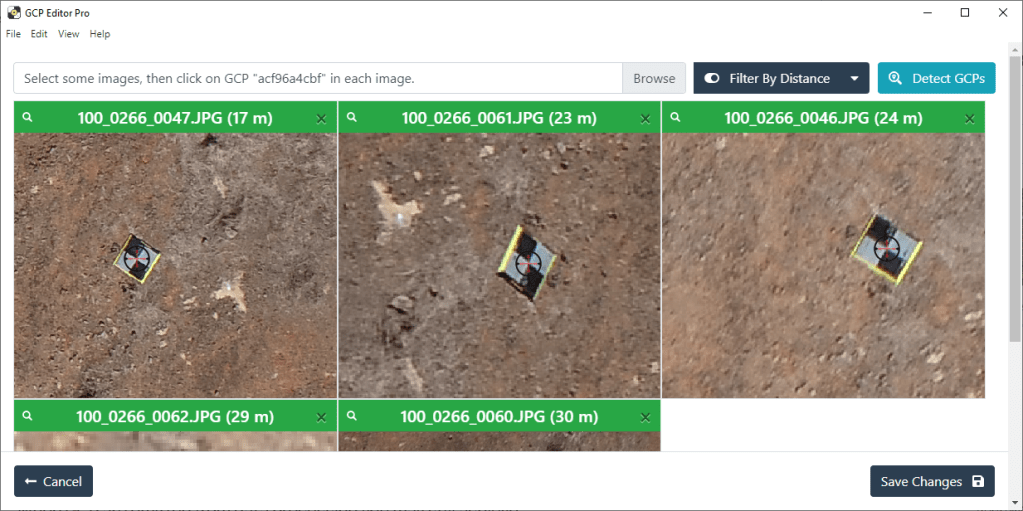 Screenshot of GCP Editor Pro software displaying multiple aerial images with Ground Control Points highlighted on a terrain surface.