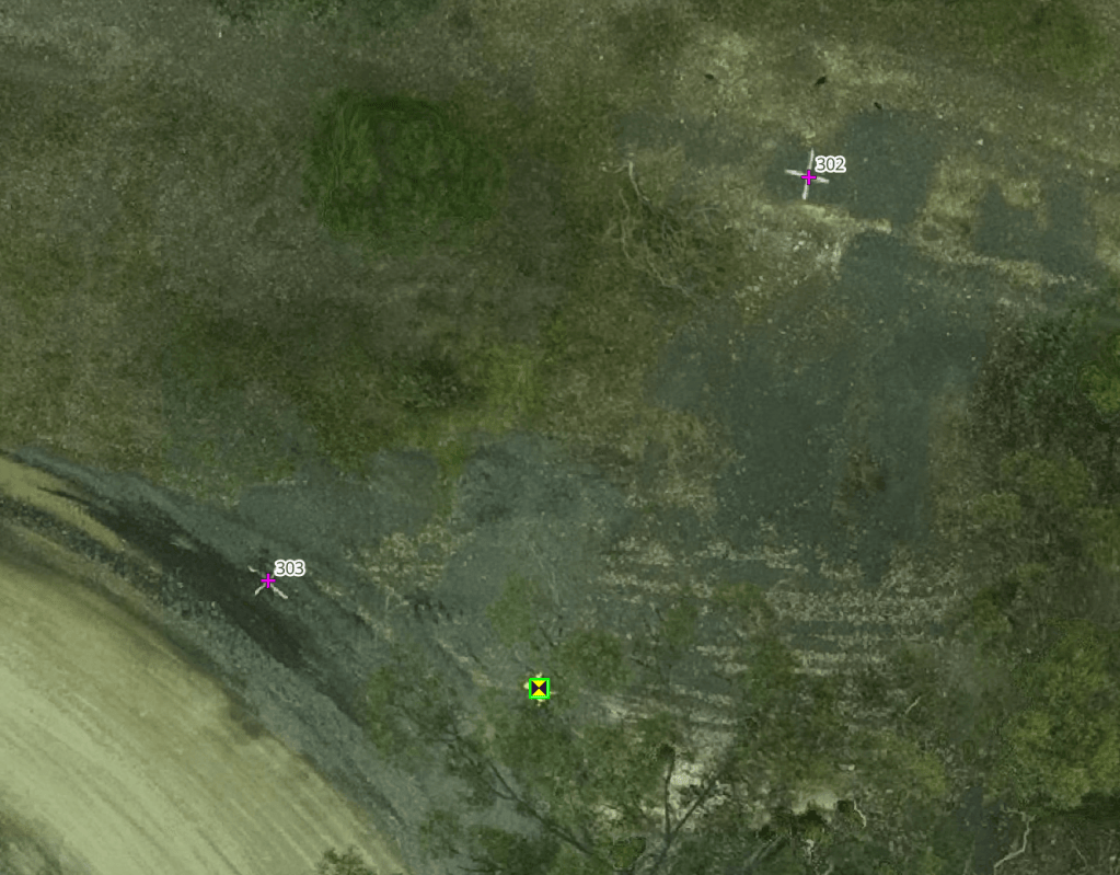 Aerial view showing two Ground Control Points (GCP) marked with labels in a green and pink color on a natural landscape with trees and terrain variations.