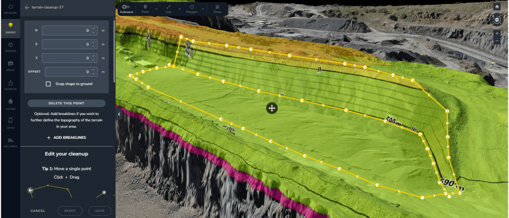 3D model visualizing terrain cleanup adjustments with contour lines and editing tools for stockpile estimation.