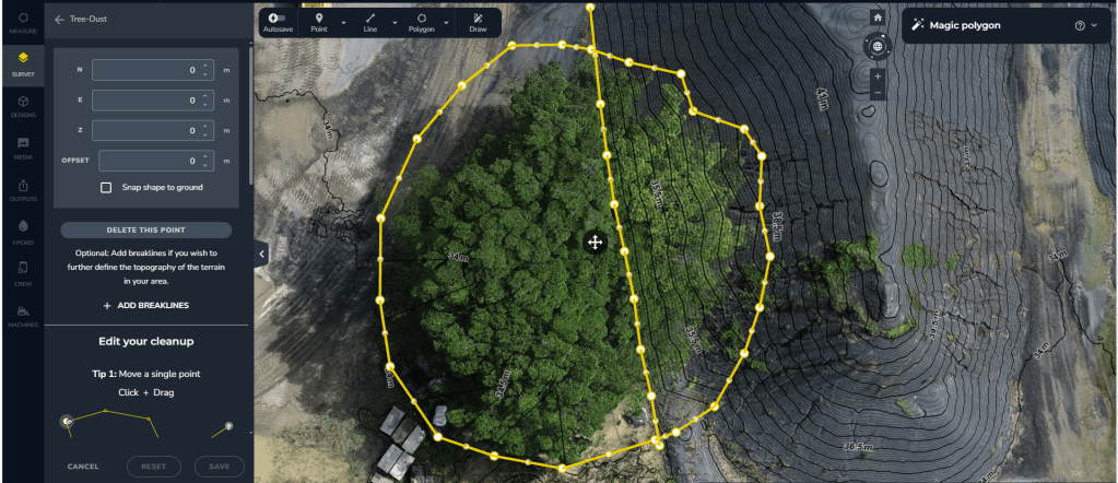 A screenshot of a terrain editing interface showing a polygon outlining a stockpile area with overhanging trees and surrounding elevation contours.